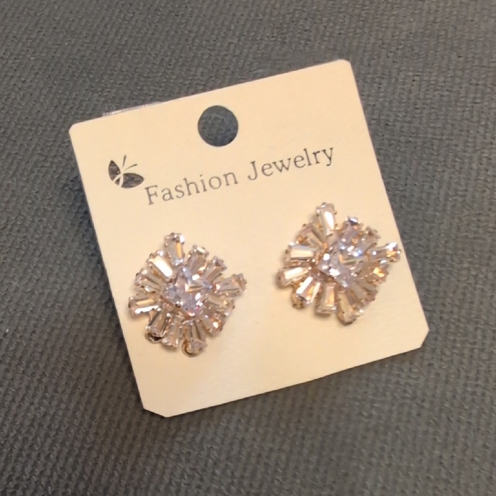 Fashion Jewelry Gold-Tone Clear Crystal Burst Stud Earrings